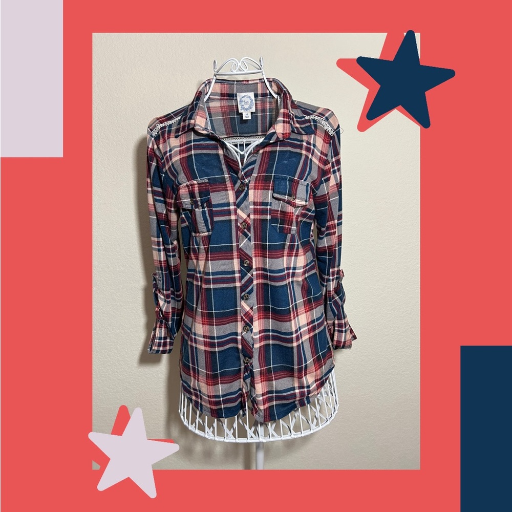medium blue rain flannel with lace detailing